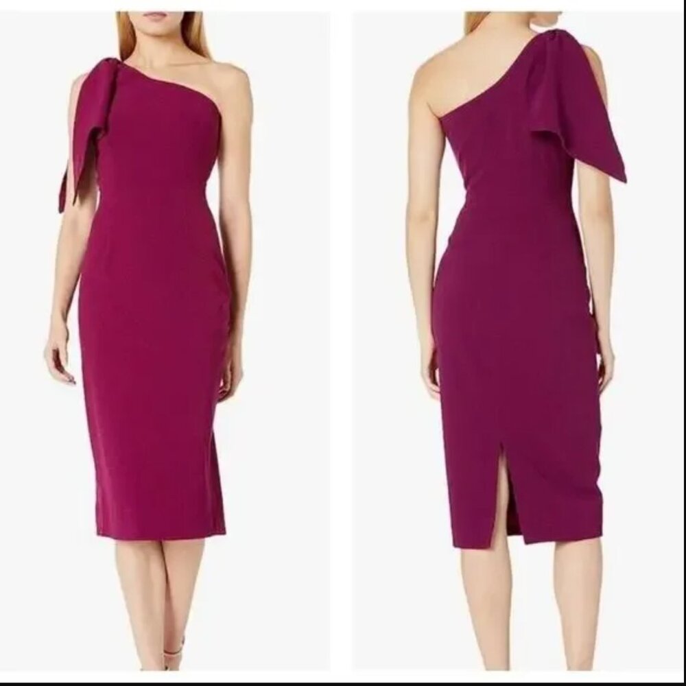 NWT Dress The Population Tiffany One Shoulder Midi Dress Bow Crepe Dark Magenta